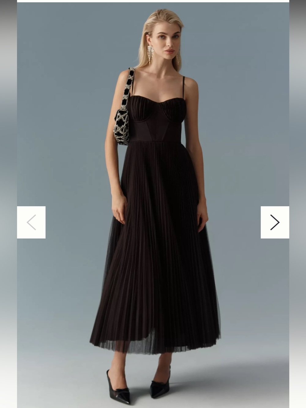 Hutch Black Pleated Midi Dress with Spaghetti Straps